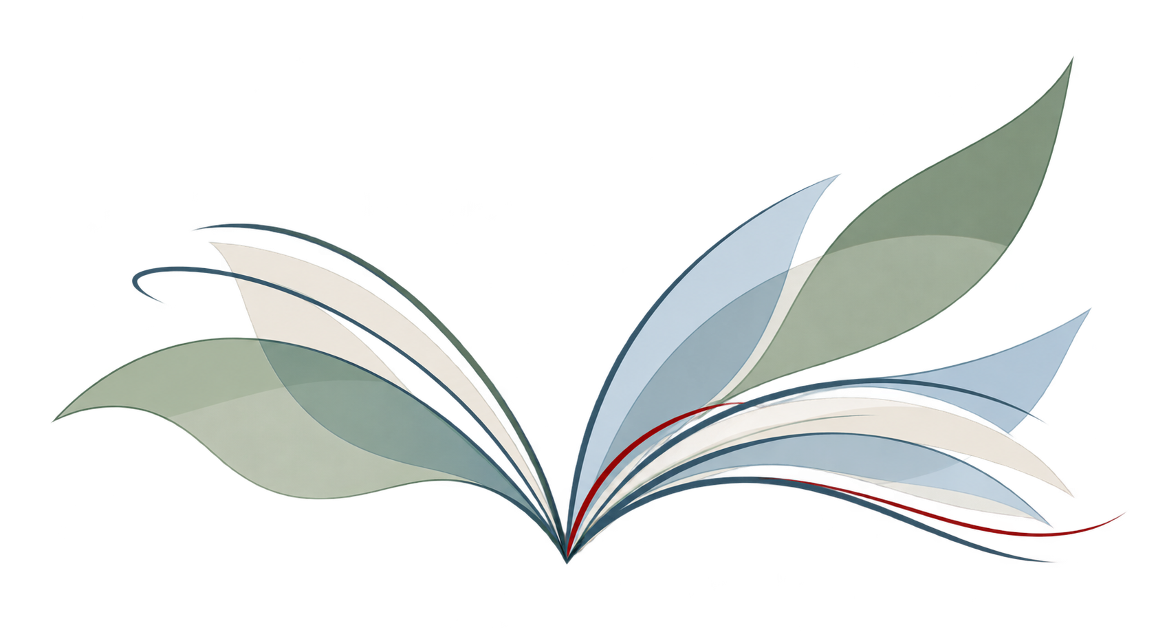An open book whose pages become leaves, connected by a fine red thread.