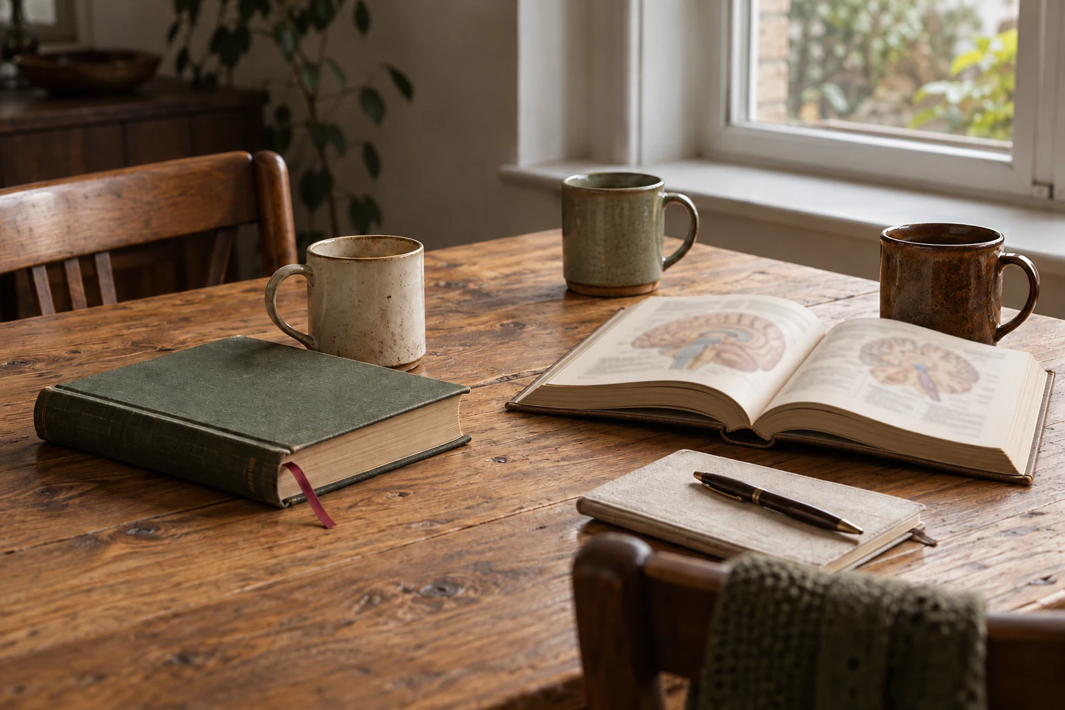 Ceramic mugs, books and an open neuroanatomy textbook on a wooden table beside a window.